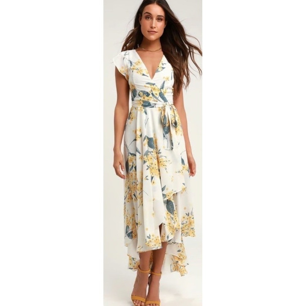 Lulus High Low Dress Womens Small White Yellow Floral Flutter Sleeve Wrap V-Neck